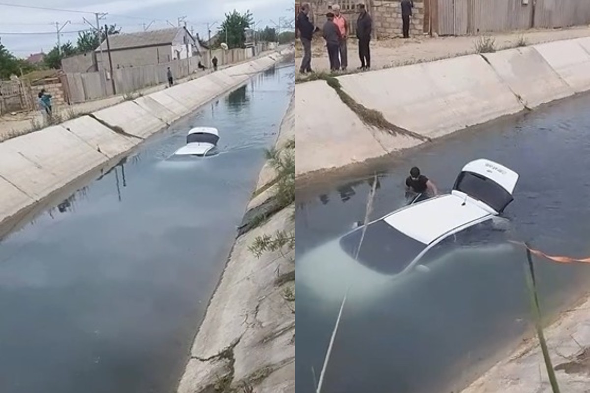 Saray qəsəbəsində avtomobil su kanalına düşüb -