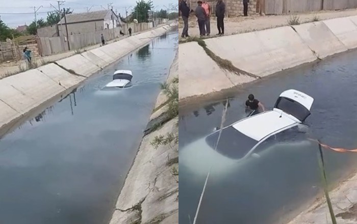 Saray qəsəbəsində avtomobil su kanalına düşüb -