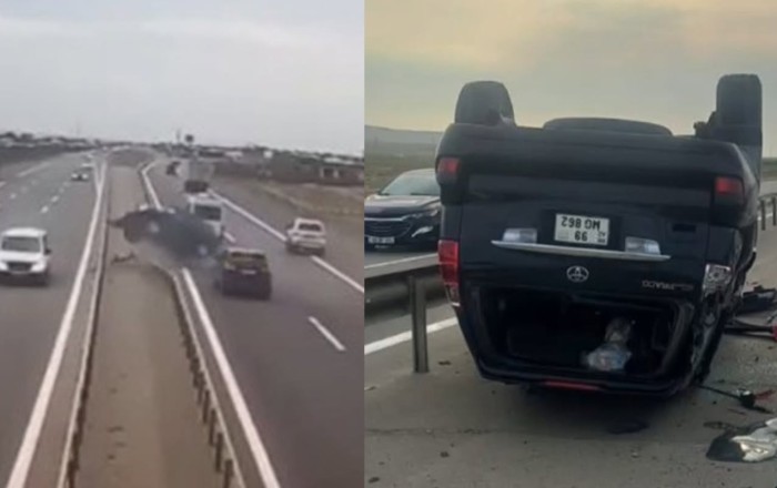 Yuxulu sürücü “Prado”nu aşırdı - Anbaan görüntülər